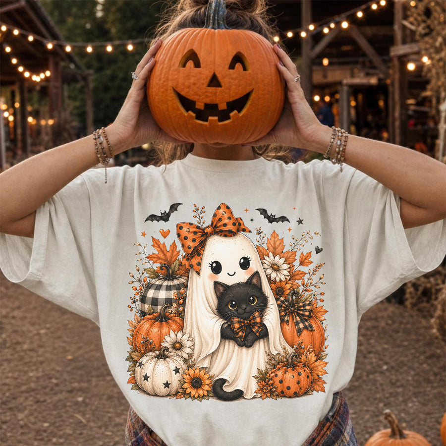 Cute Ghost Pumpkin, Halloween Comfort Shirt, Autumn Harvest Vintage Halloween Shirt