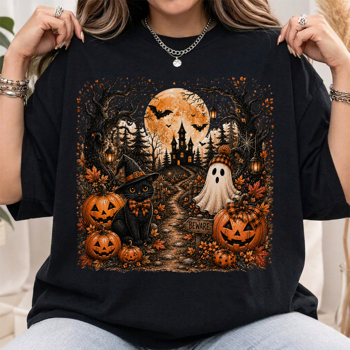 Halloween Black Cat Shirt, Spooky Haunted House Tee, Vintage Halloween Pumpkin Shirt, Ghost Witchy Fall Shirt