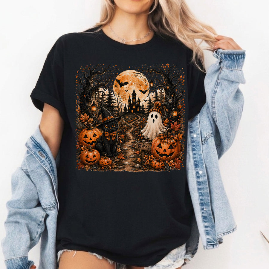 Halloween Black Cat Shirt, Spooky Haunted House Tee, Vintage Halloween Pumpkin Shirt, Ghost Witchy Fall Shirt