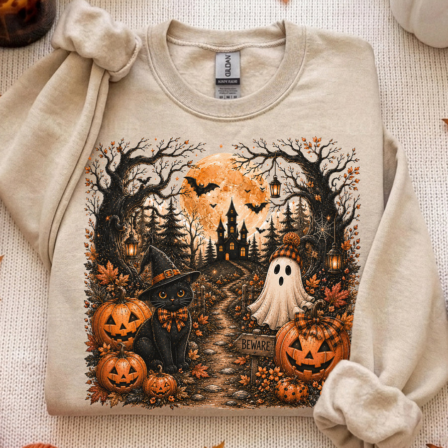 Halloween Black Cat Shirt, Spooky Haunted House Tee, Vintage Halloween Pumpkin Shirt, Ghost Witchy Fall Shirt